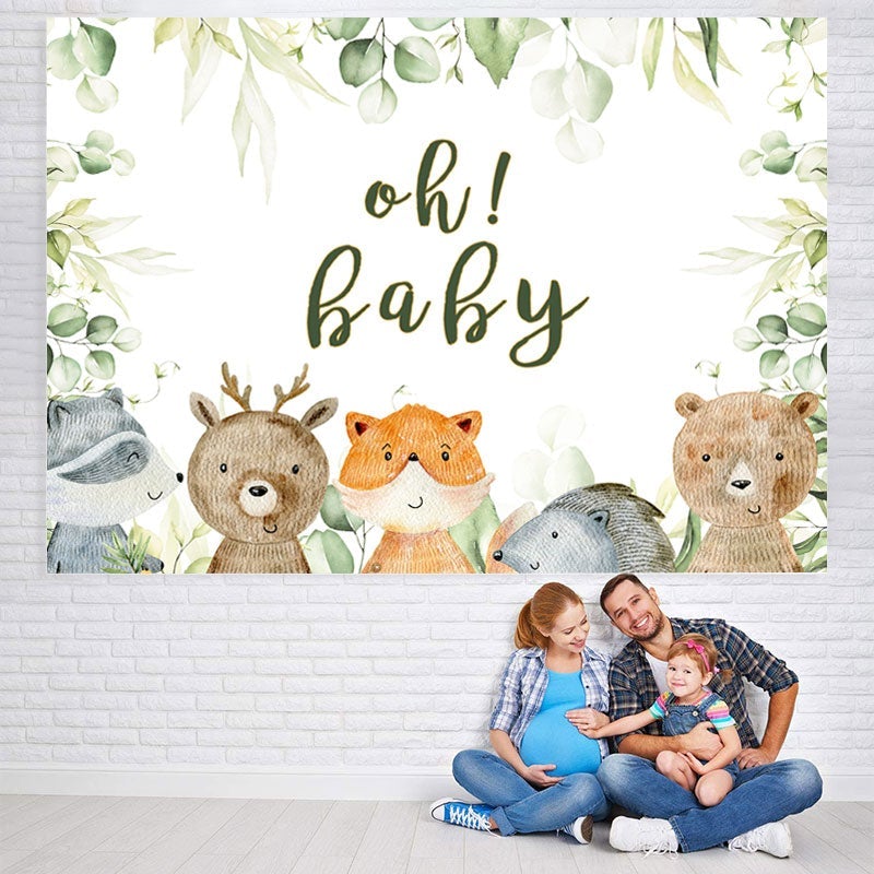 Lofaris Oh Baby Animals Green Leaves Shower Backdrop