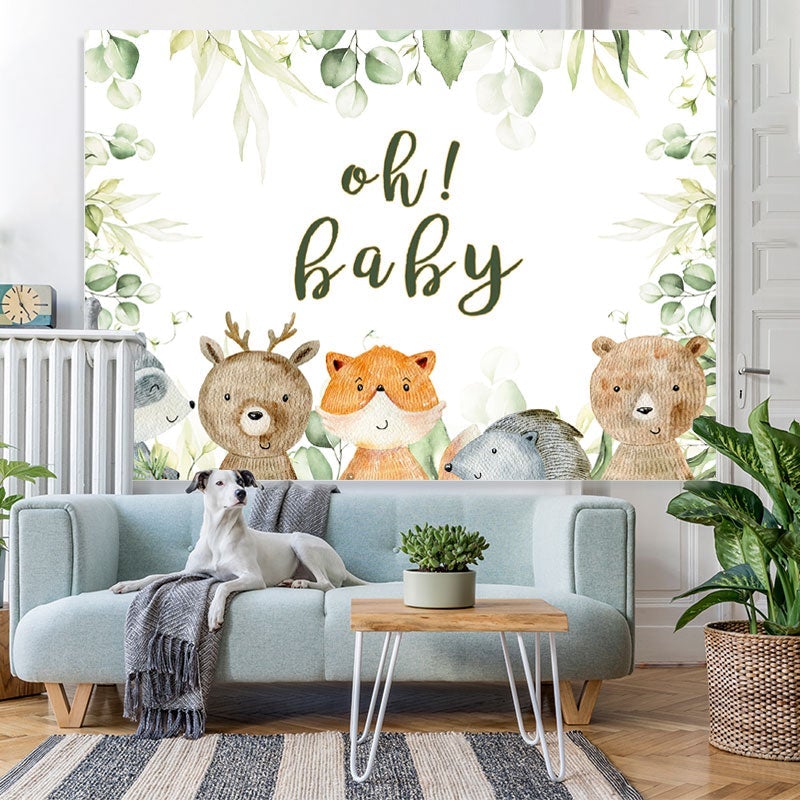 Lofaris Oh Baby Animals Green Leaves Shower Backdrop