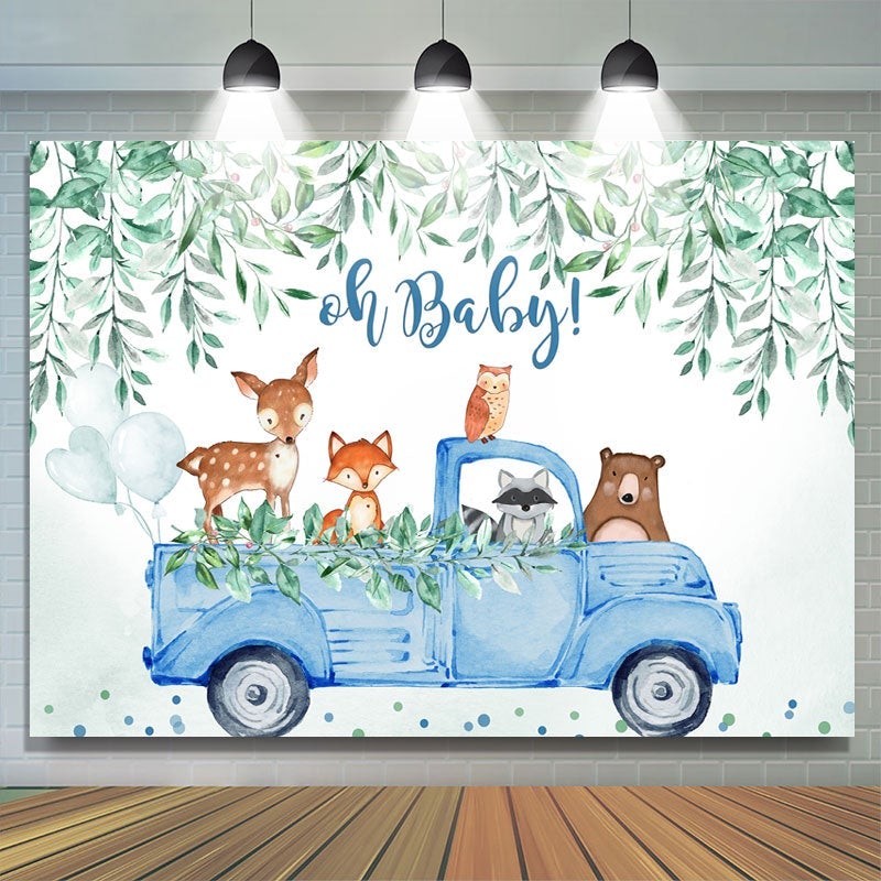 Lofaris Oh baby blue car with animals boy shower backdrop