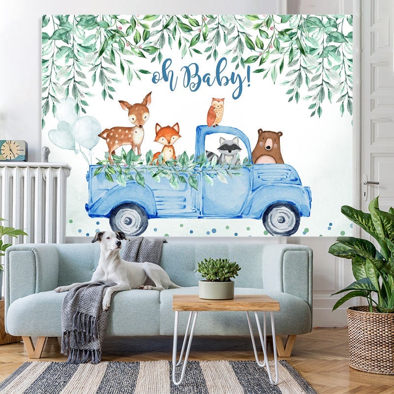 Lofaris Oh baby blue car with animals boy shower backdrop