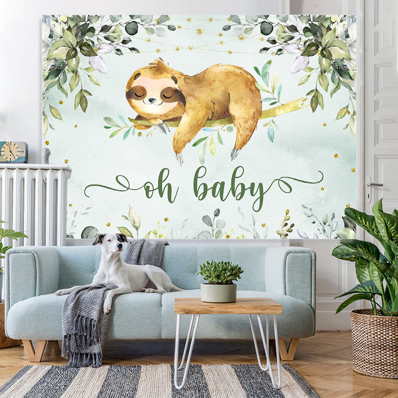 Lofaris Oh Baby Green Plants and Sloths Shower Backdrop