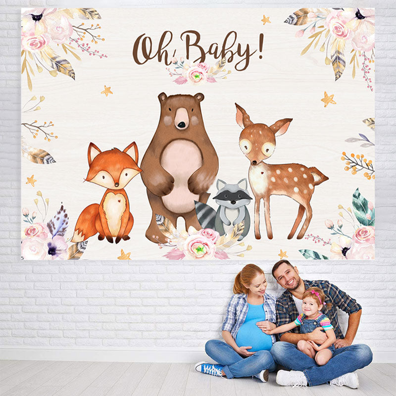 Lofaris Oh Baby Pink Floral Animals Shower Backdrop