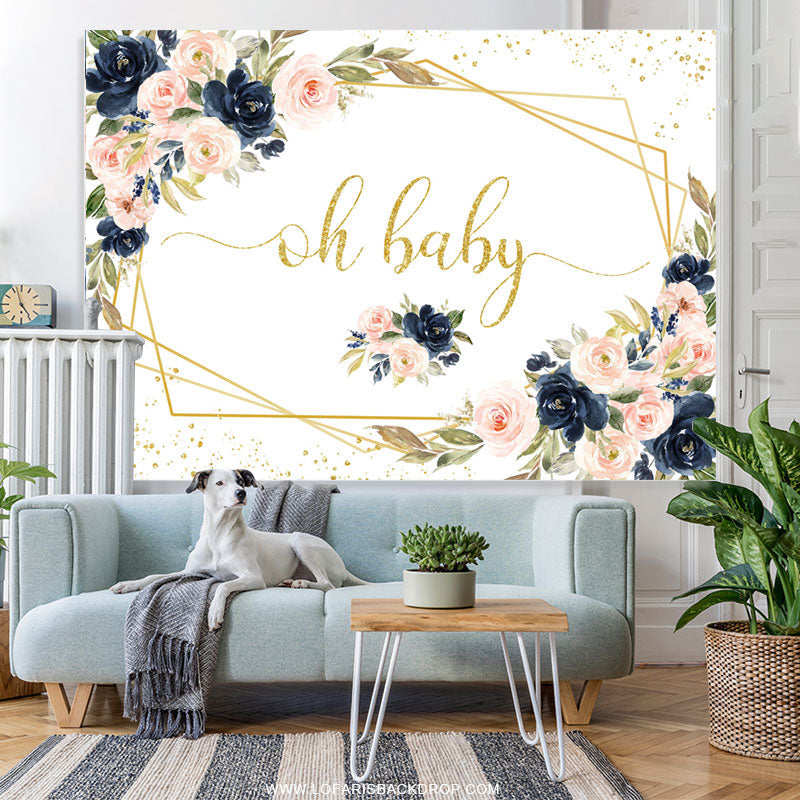 Lofaris Oh Baby Pink Floral Gold Glitter Shower Backdrop