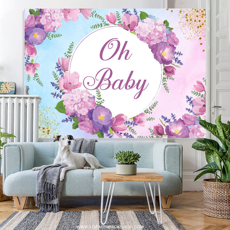 Lofaris Oh Baby Purple Floral Glitter Shower Backdrop