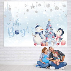 Lofaris Oh Baby Snowy Penguin Blue Backdrop for Shower