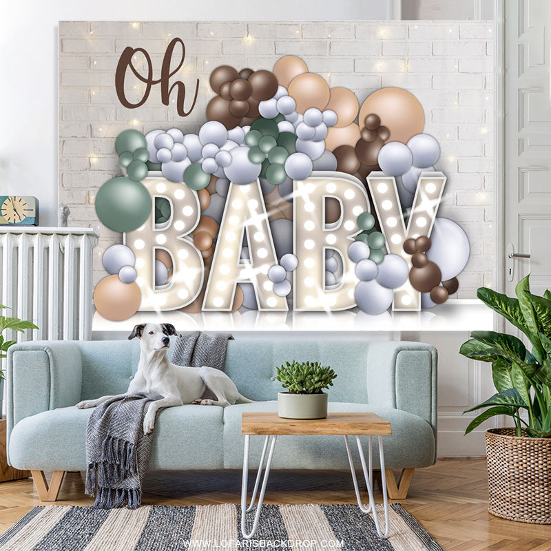 Lofaris Oh Baby White Bricks And Balloons Shower Backdrop