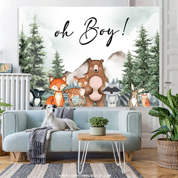 Lofaris Oh Boy Forest Animals Spruce Baby Shower Backdrop