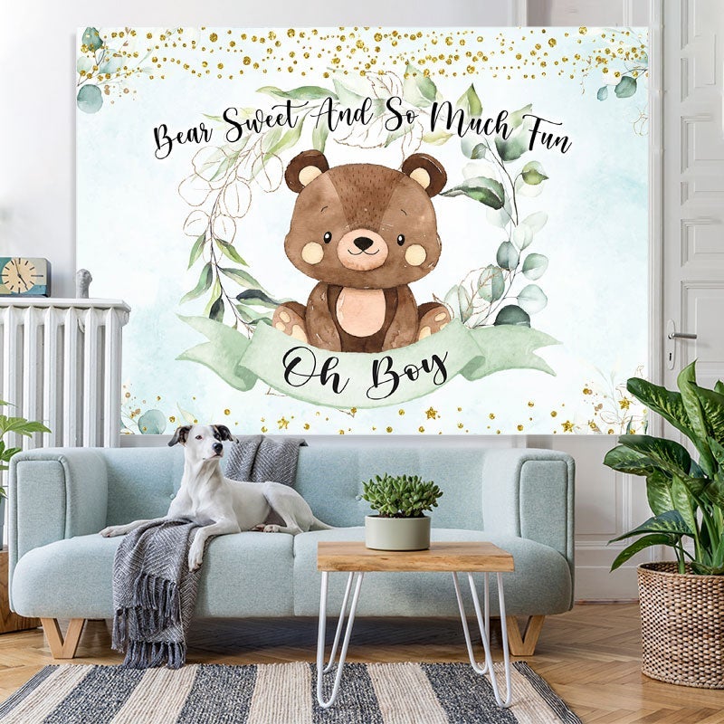 Lofaris Oh boy green leaves and teddy bear baby shower backdrop