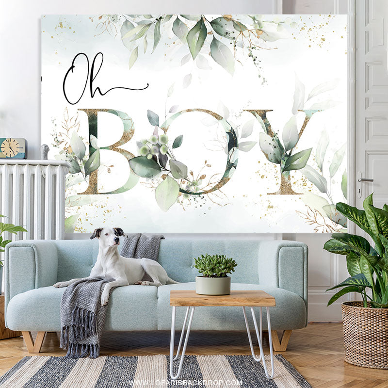 Lofaris Oh Boy Green Leaves Gold Boho Baby Shower Backdrop