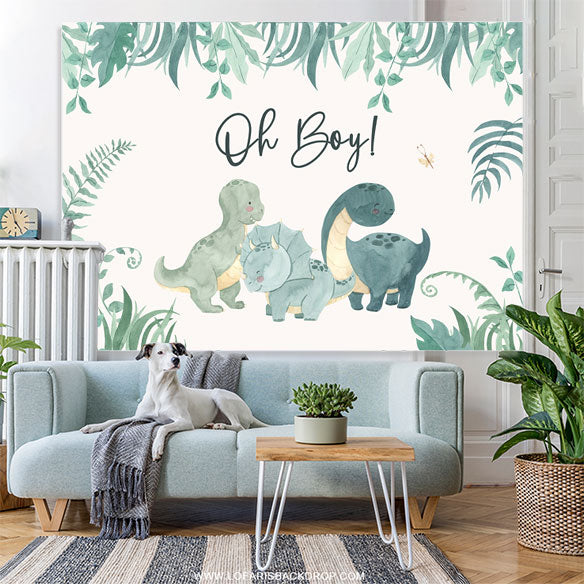 Lofaris Oh Boy Greenery Dinosaurs White Baby Shower Backdrop