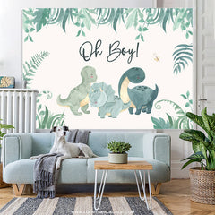 Lofaris Oh Boy Greenery Dinosaurs White Baby Shower Backdrop