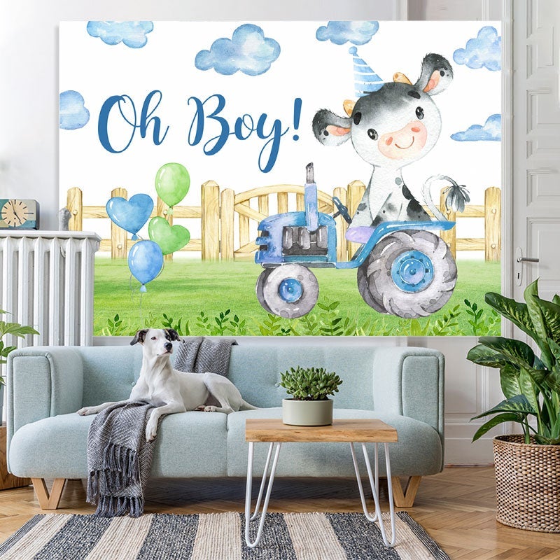 Lofaris Oh Boy Tractor Bull In Garden Baby Shower Backdrop