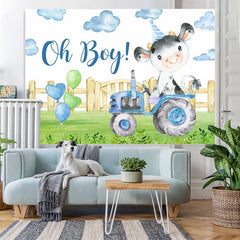 Lofaris Oh Boy Tractor Bull In Garden Baby Shower Backdrop