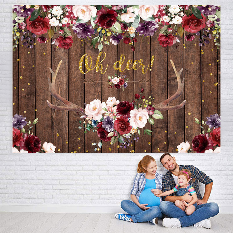 Lofaris Oh Deer Burgundy Floral Antler Baby Shower Backdrop