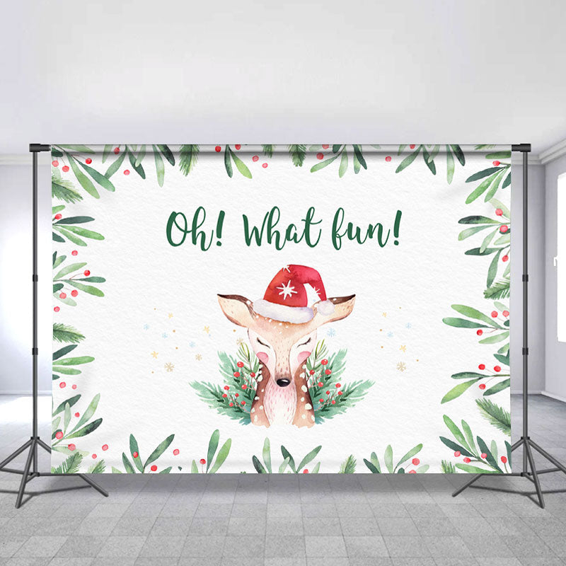 Lofaris Oh What Fun Chrismas Elk And Green Leaves Backdrop