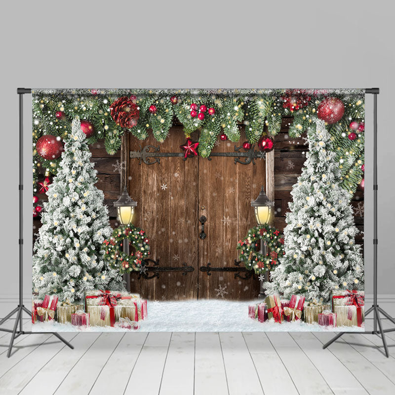 Lofaris Old Wooden Door Christmas Trees Backdrop for