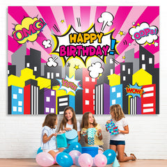 Lofaris Omg Happy Birthday Cartoon City Backdrop For
