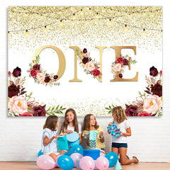 Lofaris One Floral Gold Glitter Lights First Birthday Backdrop
