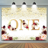 Lofaris One Floral Gold Glitter Lights First Birthday Backdrop