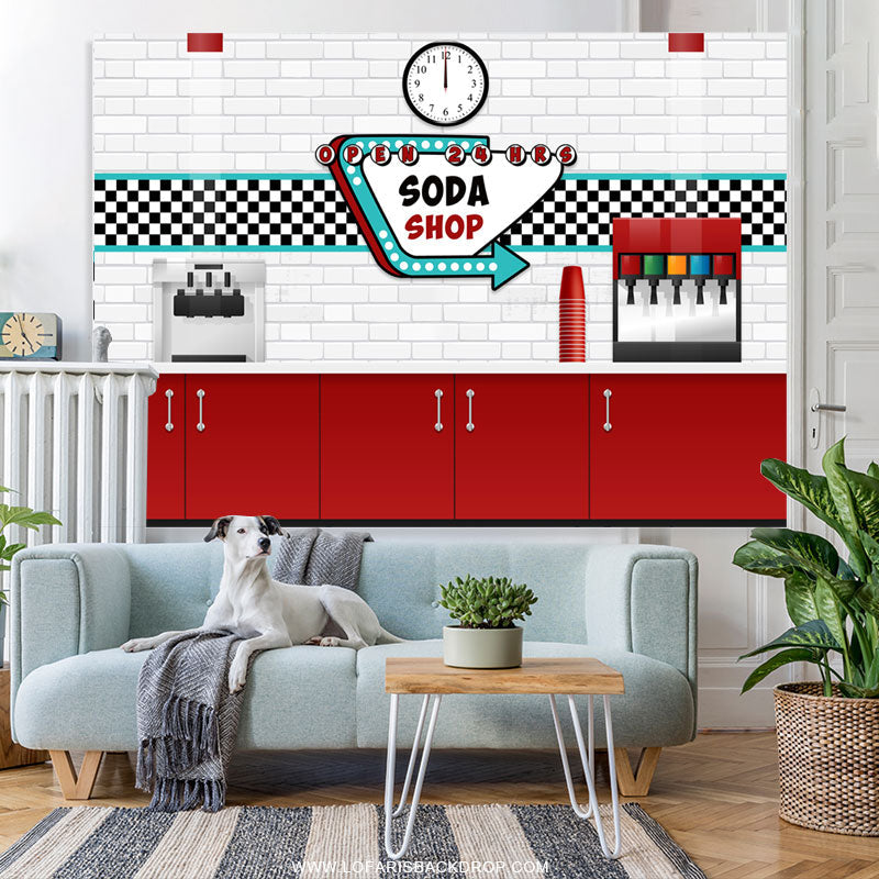 Lofaris Open 24 Hrs Soda Shop Backdrop For Party Decoration