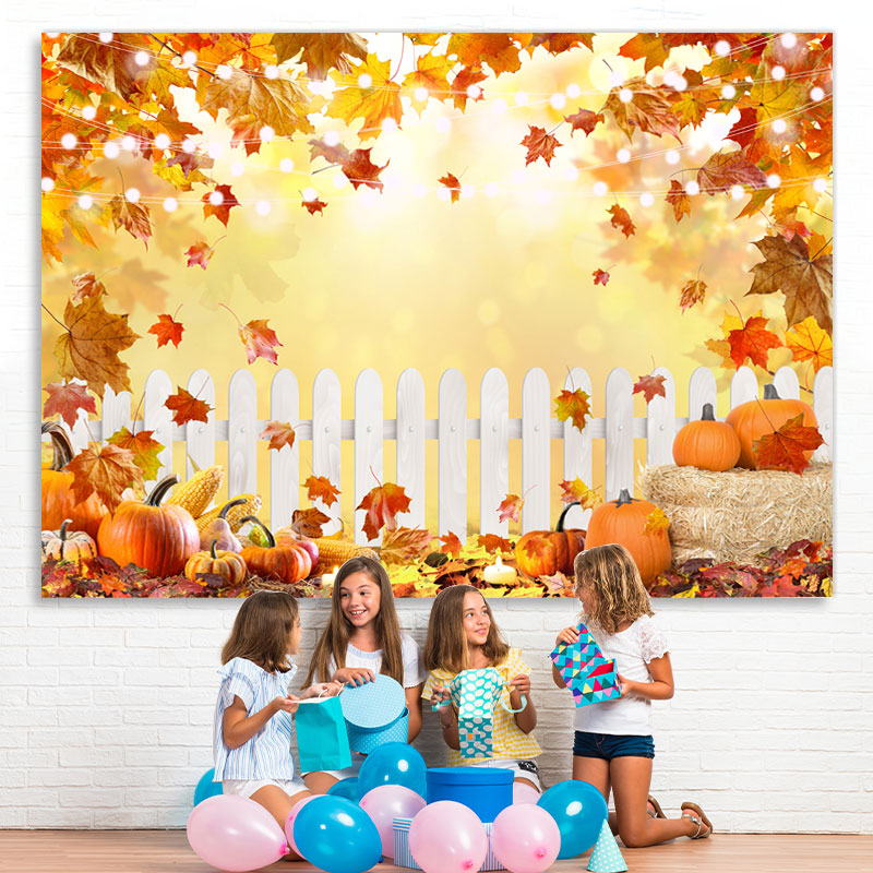 Lofaris Orange Maple Leaves and Ripe Pumpkins Autumn Backdrop