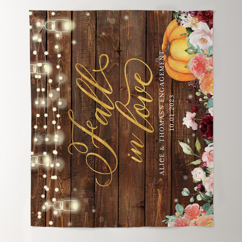 Lofaris Orange Pumpkin And Floral Fall In Love Wooden Backdrop