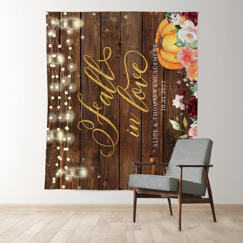 Lofaris Orange Pumpkin And Floral Fall In Love Wooden Backdrop
