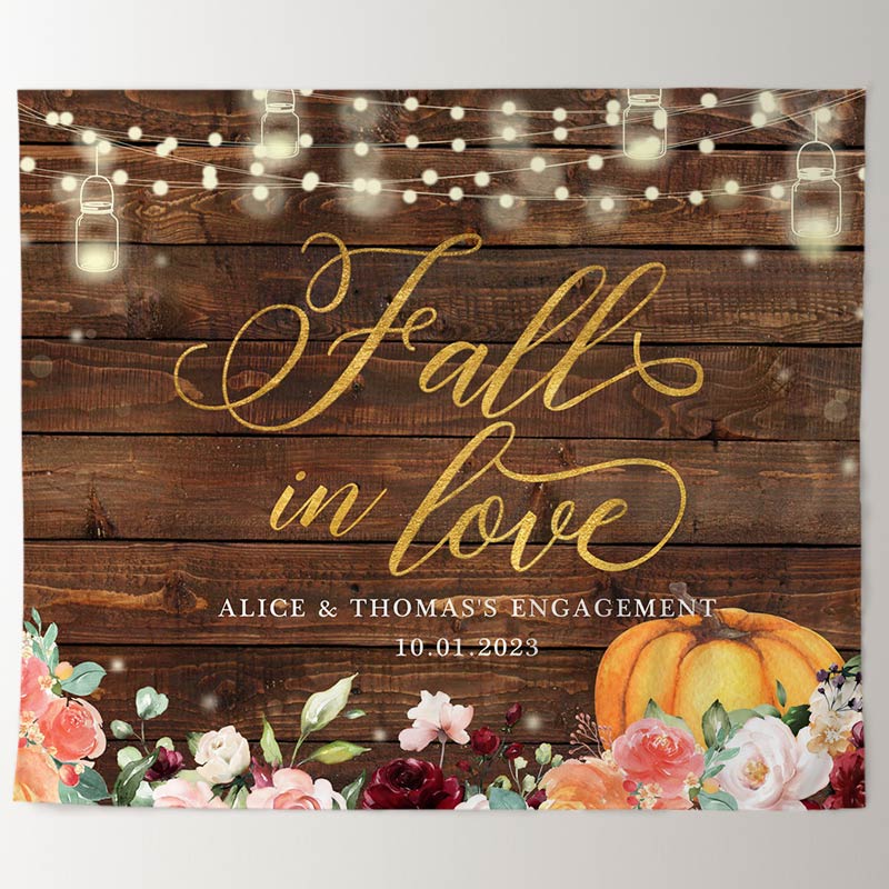 Lofaris Orange Pumpkin And Floral Fall In Love Wooden Backdrop
