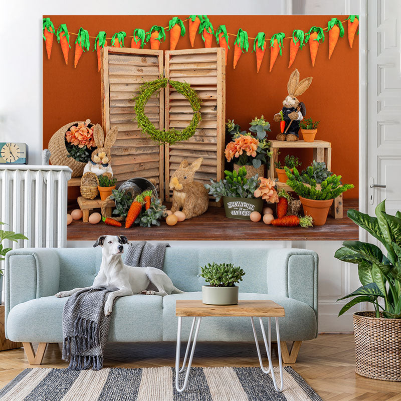 Lofaris Orange Wall With Carrot Wooden Happy Easter Backdrop