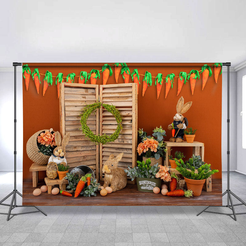 Lofaris Orange Wall With Carrot Wooden Happy Easter Backdrop