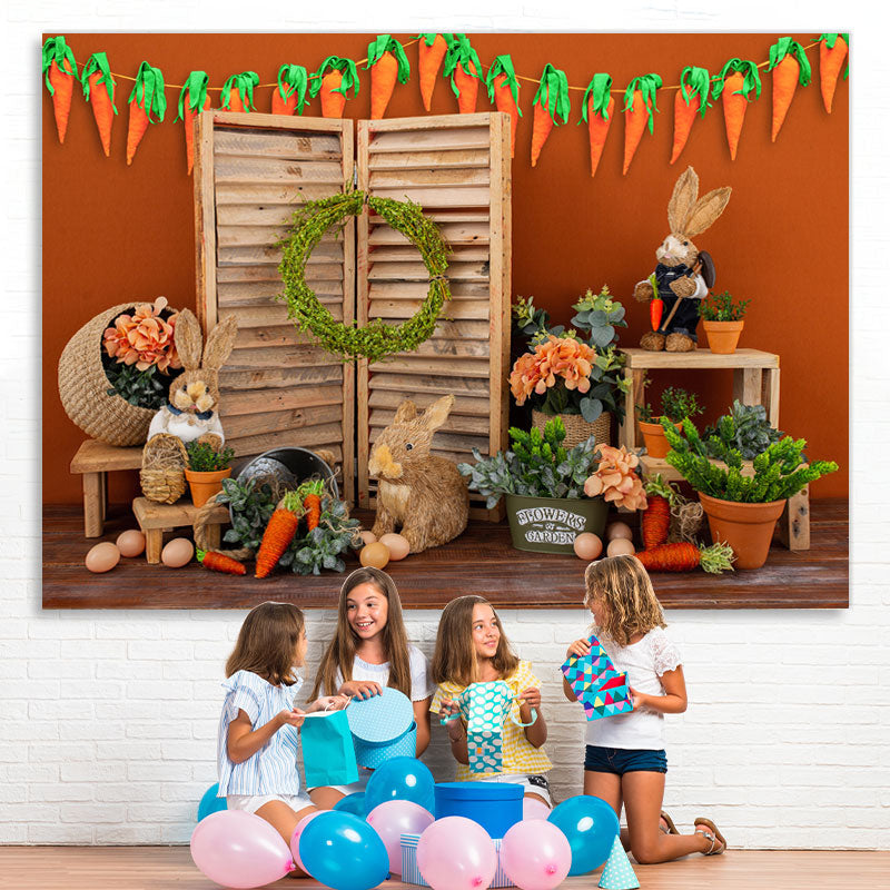 Lofaris Orange Wall With Carrot Wooden Happy Easter Backdrop