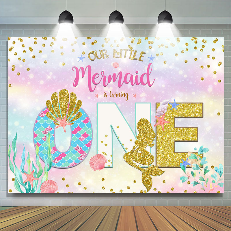 Lofaris Our Litter Mermaid Is Turning Gold Glitter First Birthday Backdrop
