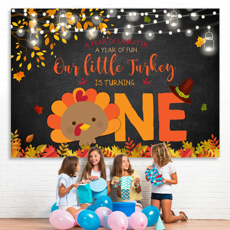 Lofaris Our Little Turkey Is Turning One Glitter First Birthday Backdrop for Kids