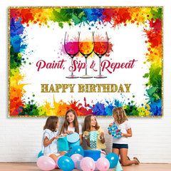 Lofaris Paint Sip and Repeat Rainbow Happy Birthday Backdorp