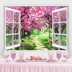 Lofaris Peach Blossom And Grassland White Window Theme Backdrop