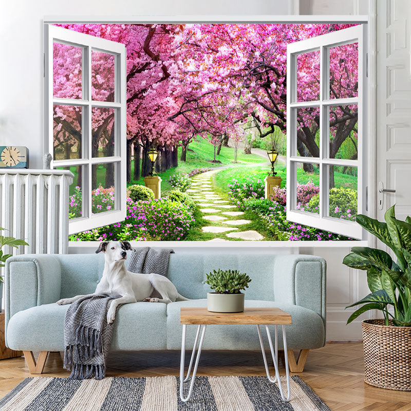 Lofaris Peach Blossom And Grassland White Window Theme Backdrop