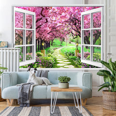 Lofaris Peach Blossom And Grassland White Window Theme Backdrop