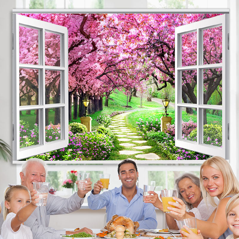 Lofaris Peach Blossom And Grassland White Window Theme Backdrop