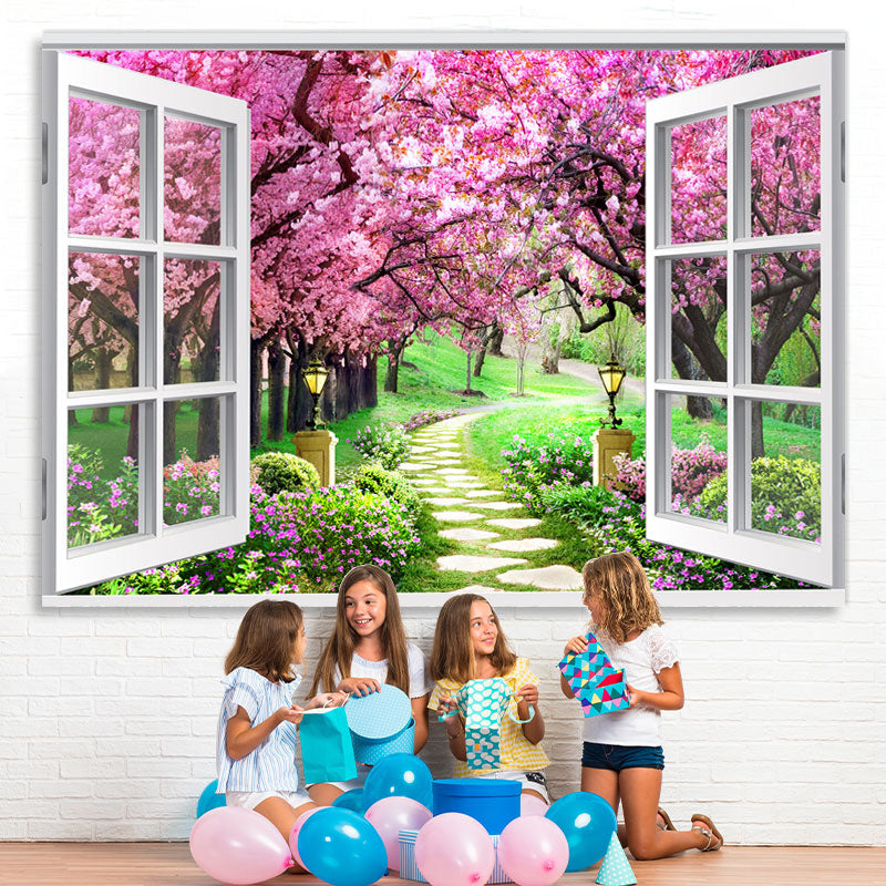 Lofaris Peach Blossom And Grassland White Window Theme Backdrop