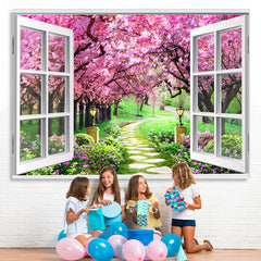 Lofaris Peach Blossom And Grassland White Window Theme Backdrop