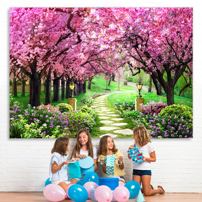 Lofaris Peach Blossom And Green Grassland Spring Theme Backdrop