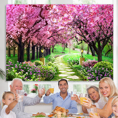 Lofaris Peach Blossom And Green Grassland Spring Theme Backdrop