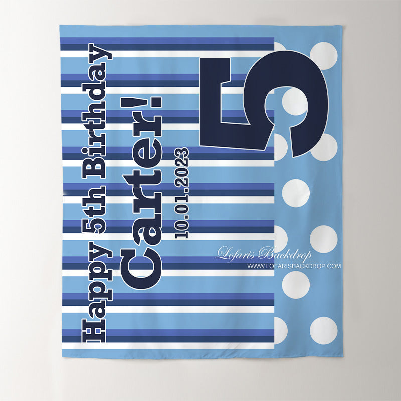 Lofaris Personalized Blue And White Stripe Birthday Backdrop
