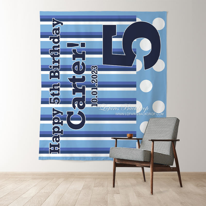 Lofaris Personalized Blue And White Stripe Birthday Backdrop