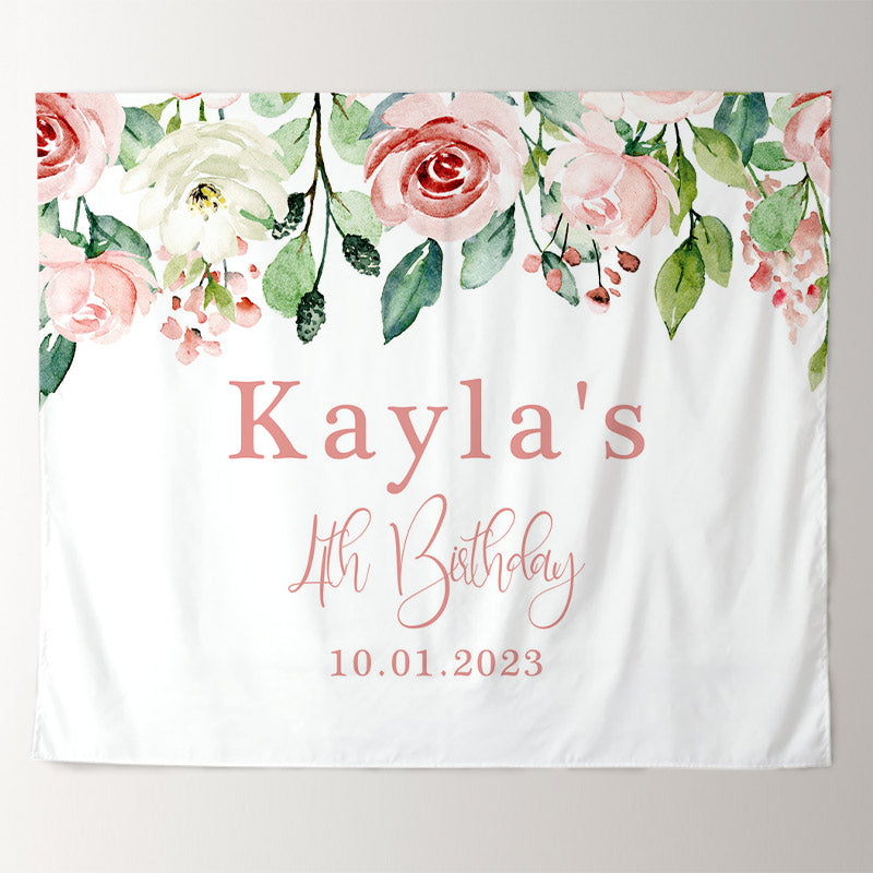 Lofaris Personalized Blush Floral Greenery Birthday Backdrop Banner
