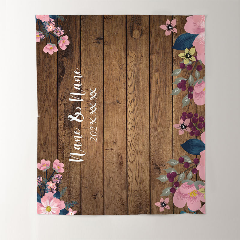 Lofaris Personalized Brown Wooden Floral Wedding Backdrop