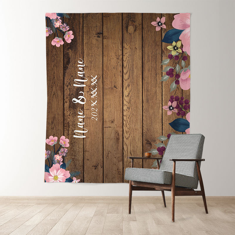 Lofaris Personalized Brown Wooden Floral Wedding Backdrop