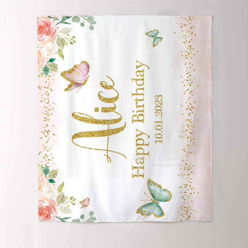 Lofaris Personalized Butterfly Floral Gold Glitter Party Backdrop