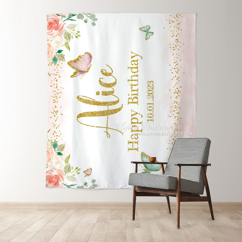 Lofaris Personalized Butterfly Floral Gold Glitter Party Backdrop