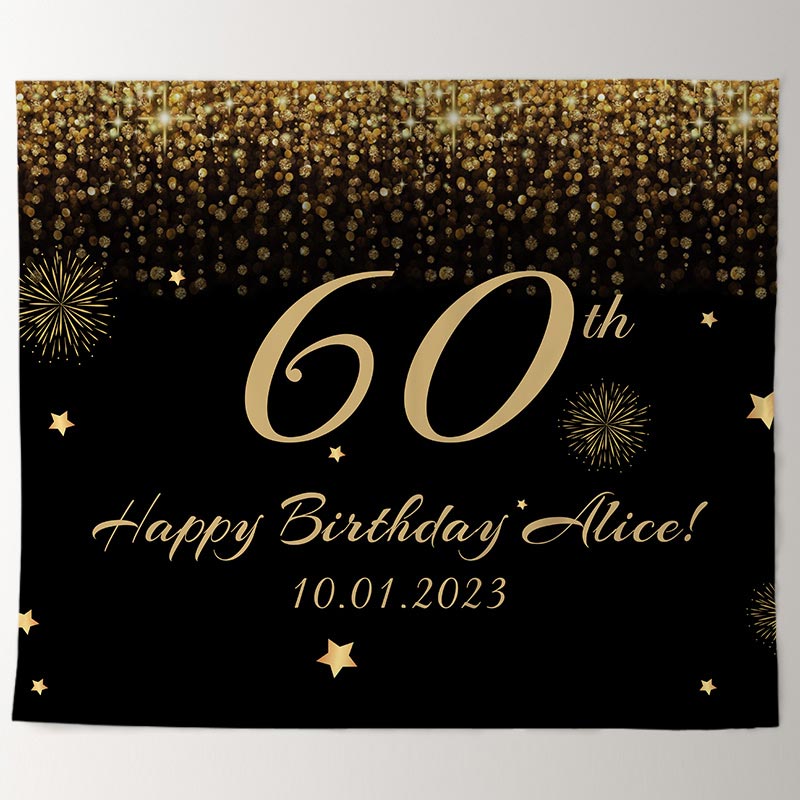 Lofaris Personalized Glitter Gold Black Birthday Banner